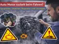 Mann im Auto mit ruckelndem Motor, Zündkerzen und Warnsymbolen. Ursachen für ruckeln beim Anfahren.