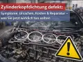 Ein Mechaniker hält eine defekte Zylinderkopfdichtung in der Hand, bereit für den Wechsel. Dampf steigt aus dem Motorraum auf. Warnzeichen signalisiert Handlungsbedarf.
