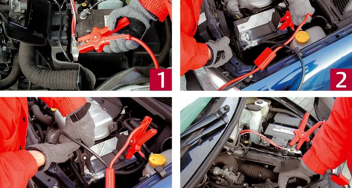 Autobatterie laden: rote Klemmen an Pluspol, schwarze an Minuspol. Starten Sie den Motor, um die Batterie zu laden.