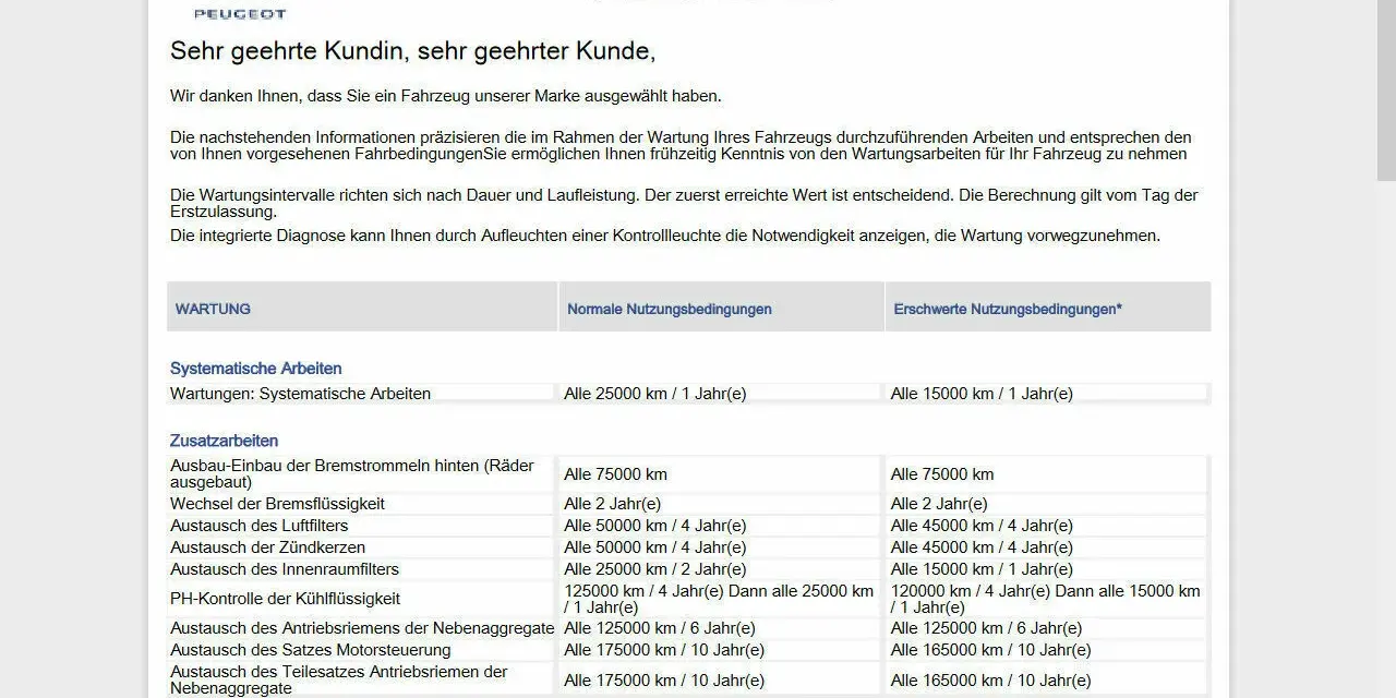 Peugeot Wartungsplan mit Intervallen für normale und erschwerte Bedingungen. Enthält systematische und zusätzliche Arbeiten.