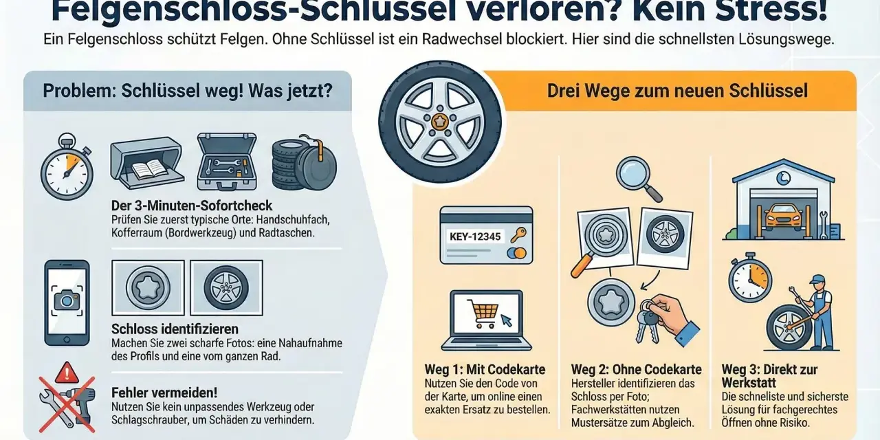 Felgenschloss sinnvoll: Infografik zeigt, wie man bei Schlüsselverlust vorgeht. Drei Wege zum neuen Schlüssel: mit Codekarte, per Foto oder direkt zur Werkstatt.