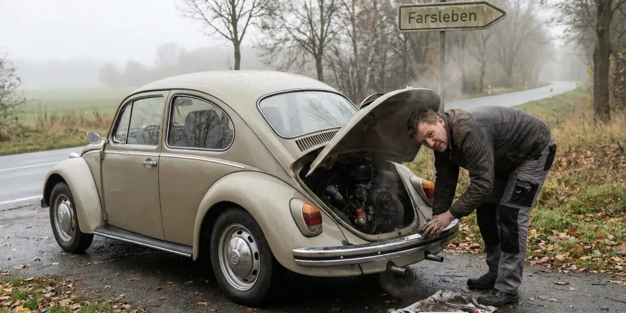Mann repariert seinen Käfer, der beim Gas geben ruckelt. Werkzeug liegt bereit.