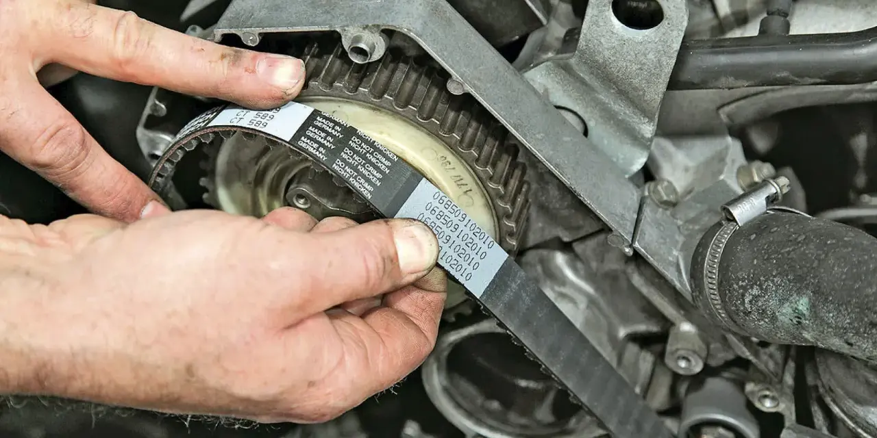 Hände montieren einen neuen Zahnriemen an einem Motor. So gelingt der Zahnriemenwechsel selbst.