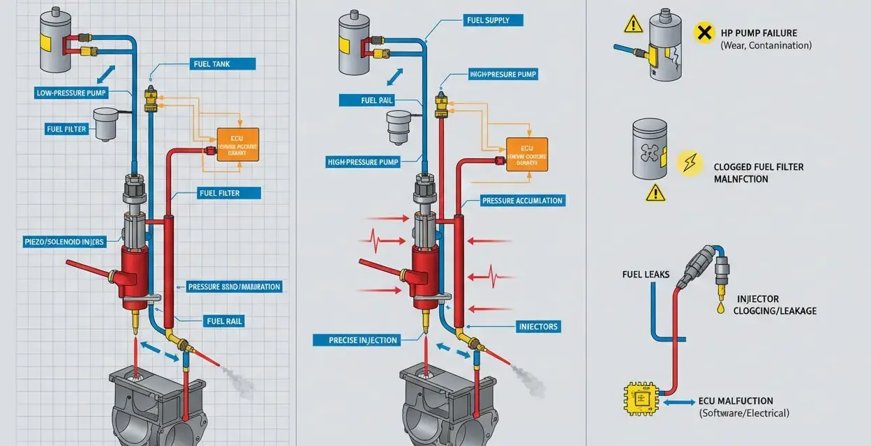 Diagramm erklärt das Common Rail System, seine Funktion und häufige Fehlerquellen wie Pumpenversagen oder verstopfte Filter.