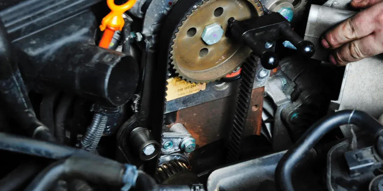 Ein Mechaniker arbeitet am Zahnriemenwechsel. Wann ist der richtige Zeitpunkt dafür?