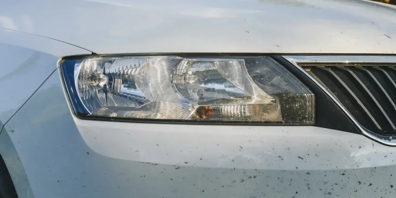 Vorderseite eines weißen Autos mit vielen Insektenresten. Ein Hausmittel für Insektenentferner am Auto wäre hier nützlich.