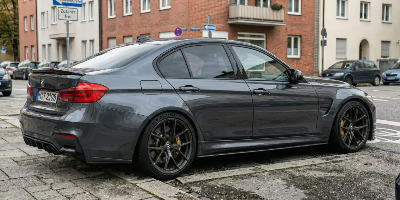 Grauer BMW M3 parkt auf Kopfsteinpflaster. Die Werkstatt bekommt das Ersatzteil nicht, der Wagen wartet.