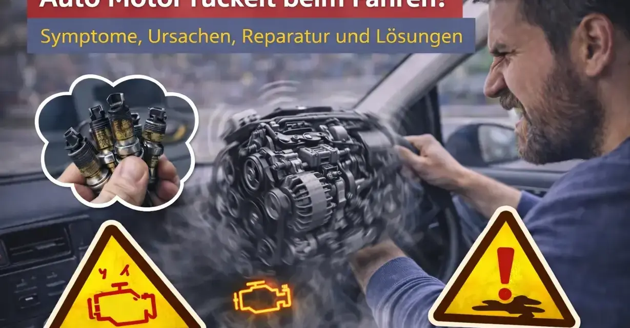 Mann im Auto mit ruckelndem Motor, Zündkerzen und Warnsymbolen. Ursachen für ruckeln beim Anfahren.