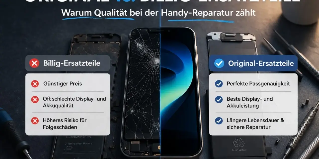 Vergleich von Handy-Ersatzteilen: Billigteile vs. Original-Ersatzteile. Originalteile bieten perfekte Passgenauigkeit, beste Display- und Akkuqualität für sichere Reparaturen.