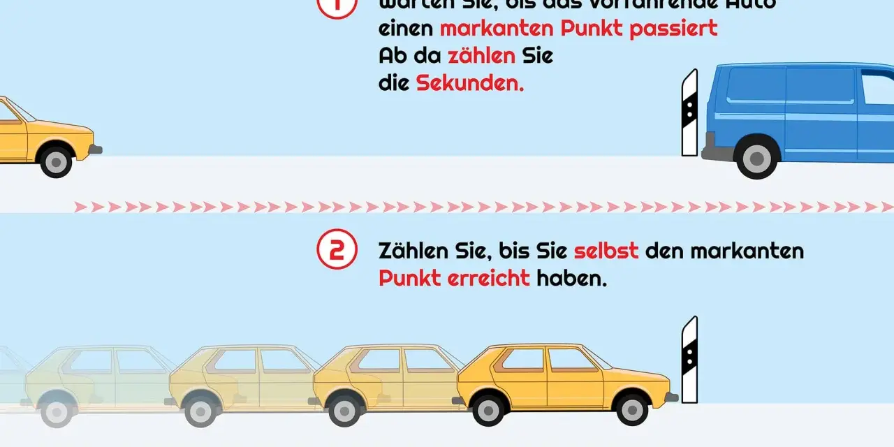 Illustration zeigt, wie man mit der 2-Sekunden-Regel den Abstand zum vorausfahrenden Auto misst, um sicher zu fahren. Kein Auto aufbocken.
