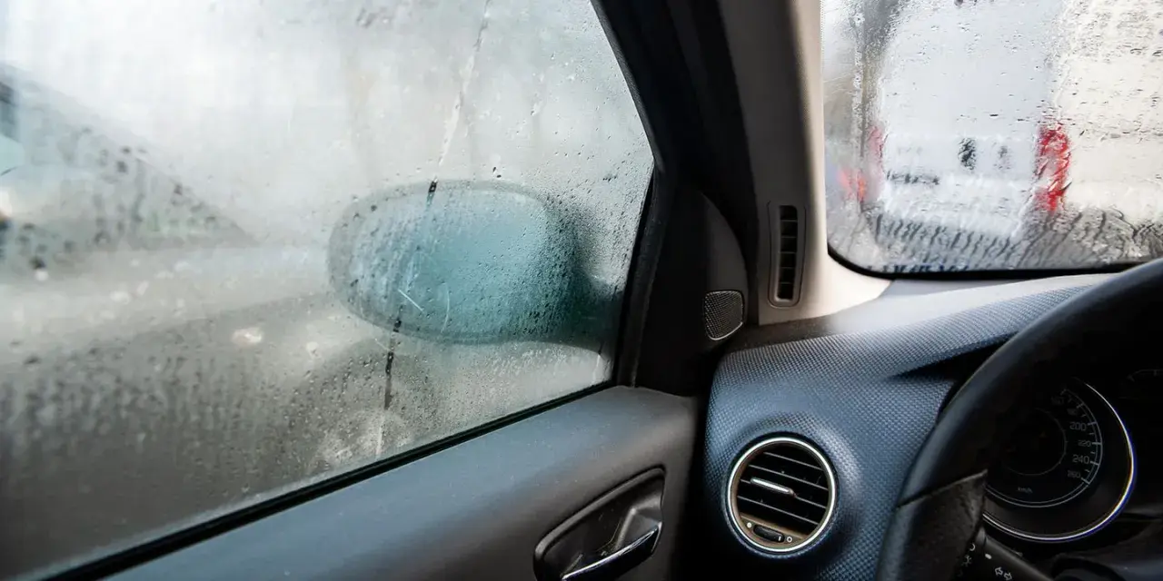 Beschlagene Autoscheiben innen reinigen. Ein Blick aus dem Auto zeigt beschlagene Scheiben und einen Außenspiegel.