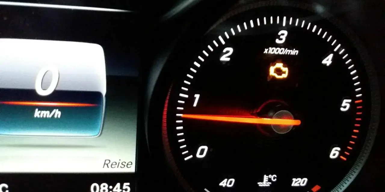 Mercedes-Armaturenbrett mit leuchtender Motorkontrollleuchte. Tachometer zeigt 0 km/h, daneben die Uhrzeit 08:45.