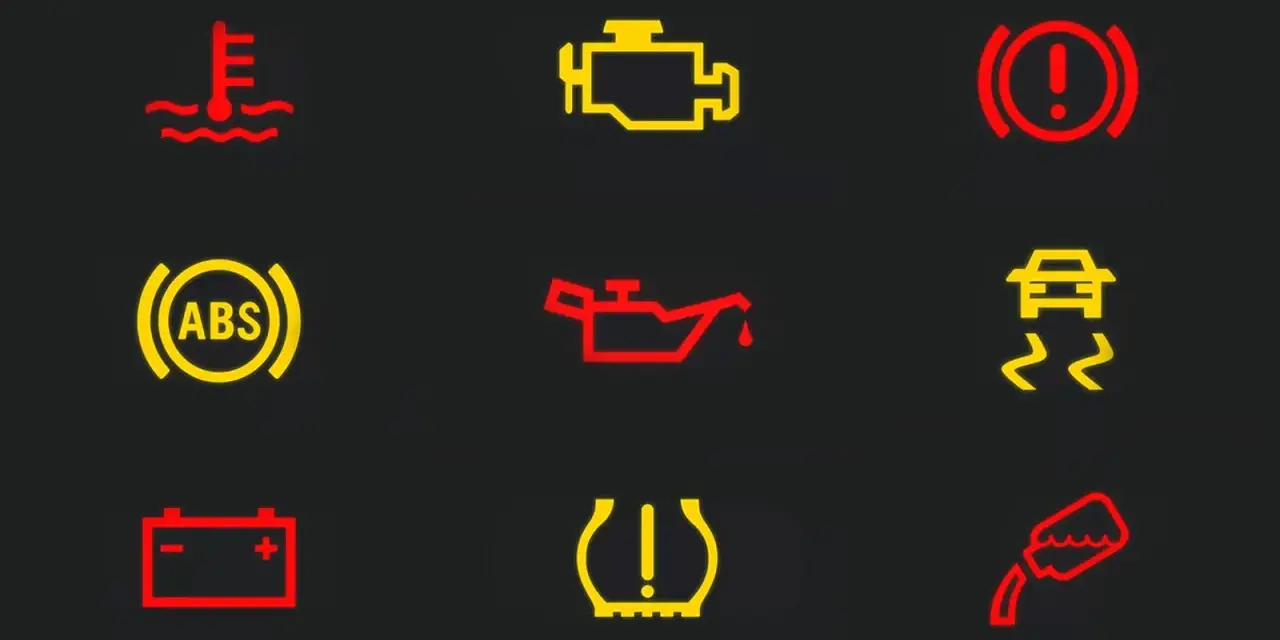 Warnsymbole im Auto: Rote und orangefarbene kontrollleuchten auto orange zeigen Probleme an, z.B. Motor, ABS, Reifen.