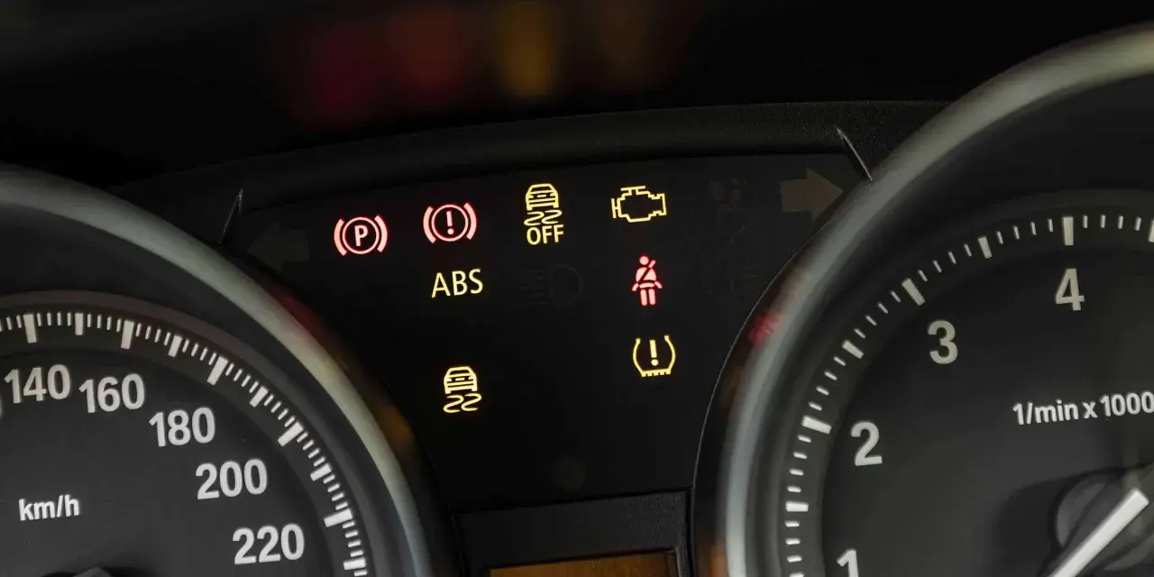 BMW Kontrollleuchten Symbole: ABS, Handbremse, Motor, Reifen und mehr leuchten auf dem Armaturenbrett.