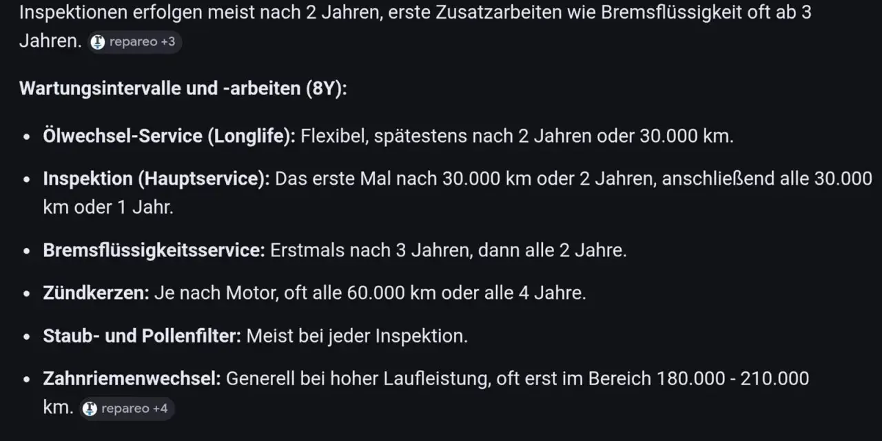 Audi A3 8Y: Wartungsintervalle & Inspektion. Ölwechsel spätestens nach 2 Jahren/30.000 km. Inspektion nach 30.000 km/2 Jahren. Zeitfaktor (2 Jahre) entscheidend.