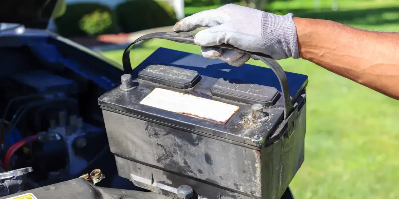 Gefährliche alte Autobatterie wird vorsichtig herausgehoben. Die richtige Entsorgung ist wichtig.