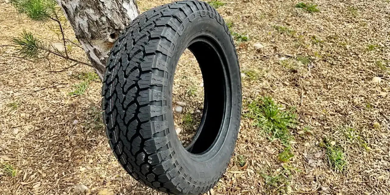 Ein grobstolliger Reifen lehnt an einem Baum. Perfekt für den nächsten reifen test im Gelände.