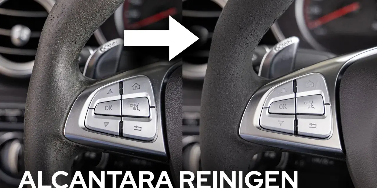 Vorher-Nachher-Vergleich: Ein schmutziges Alcantara Lenkrad wird wieder sauber.