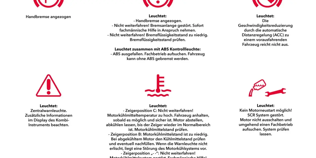 Warnleuchten im Auto: Handbremse, Bremsflüssigkeit, ACC, Kühlmittel, SCR-System. ESC Auto-Funktion wird hier nicht direkt gezeigt, aber die Warnleuchten deuten auf mögliche Probleme hin.