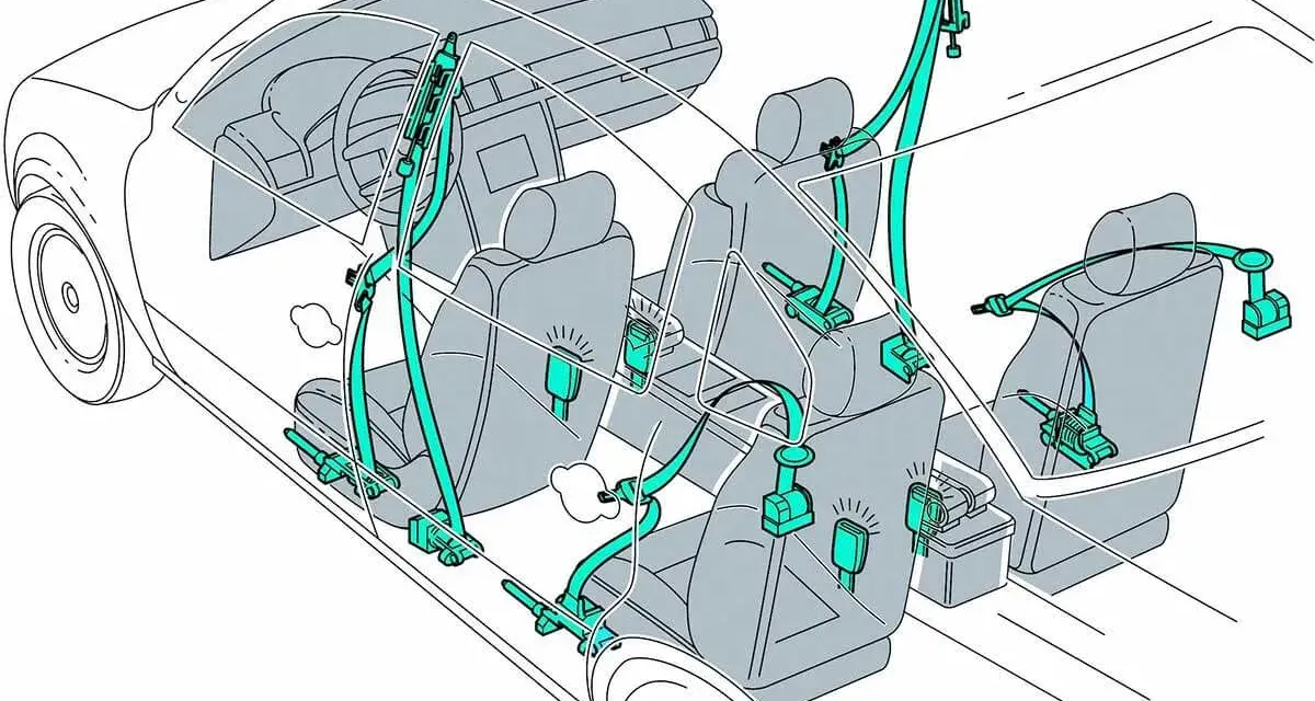 Schema des **sicherheitsgurt aufbau** im Auto. Zeigt die Verankerungspunkte und Umlenkrollen für Front- und Rücksitze.