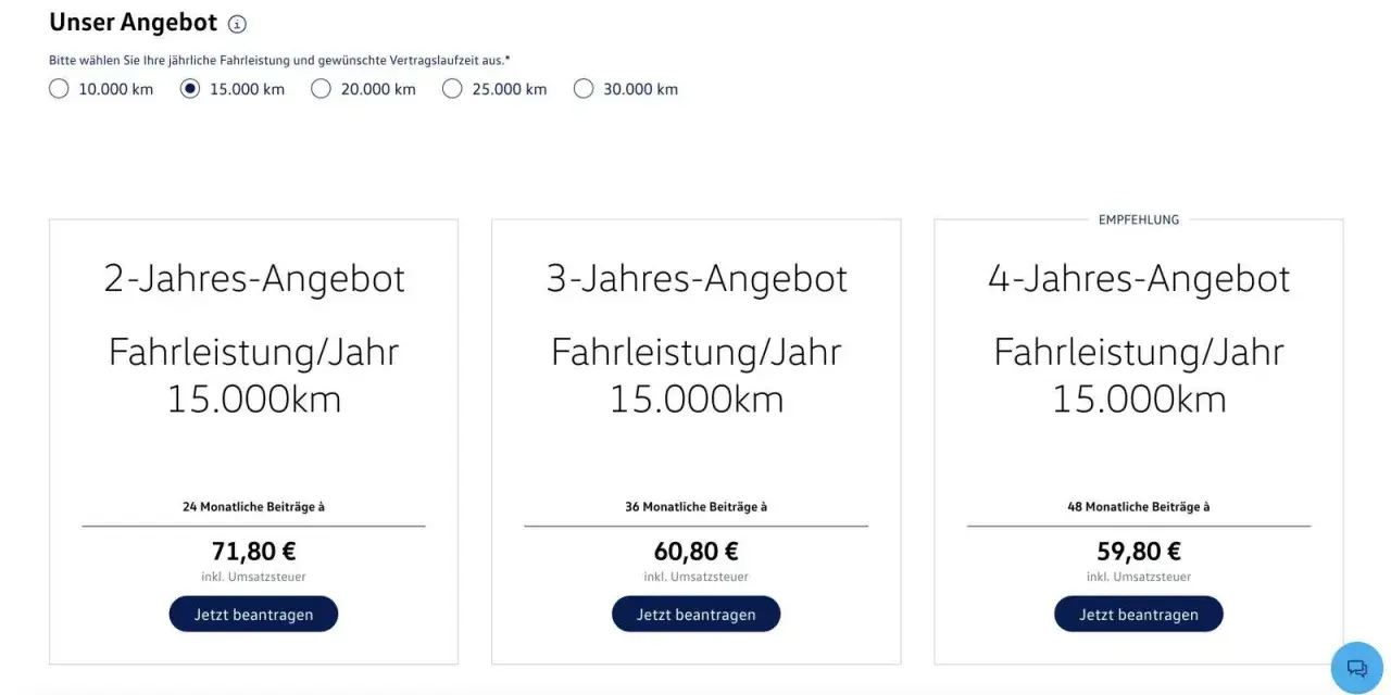 Angebote für VW Wartungsvertrag: 2, 3 oder 4 Jahre Laufzeit mit 15.000 km/Jahr. Günstigster Preis für 4 Jahre.