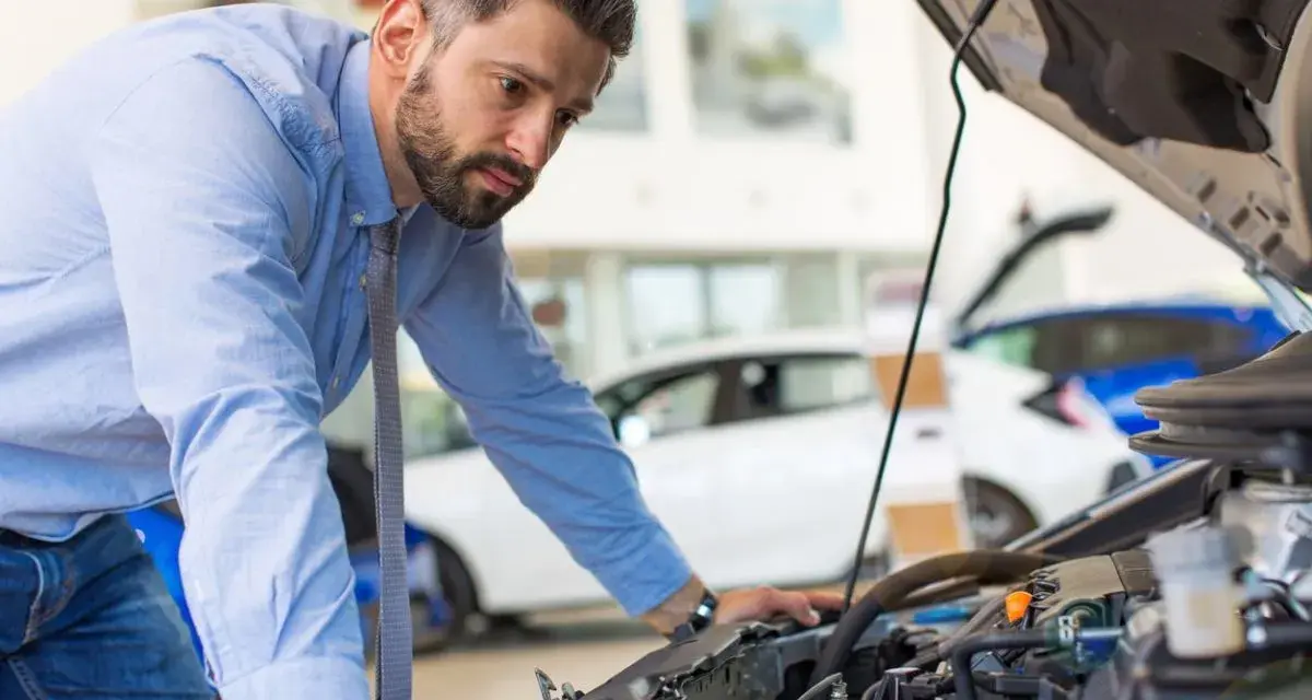 Mann prüft Motor, weil das Auto nicht mehr richtig beschleunigt.