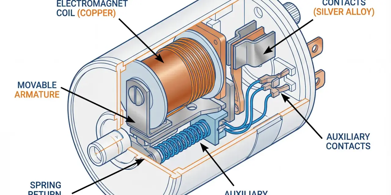 Schnittzeichnung des Aufbaus eines Anlassers mit Elektromagnetspule, beweglichem Anker, Hauptkontakten und Hilfskontakten.