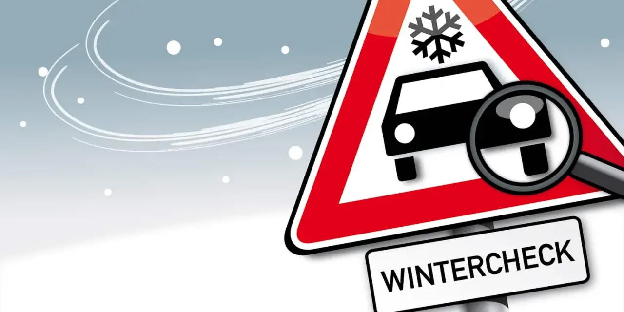 Warnschild mit Schneeflocke und Auto, Lupe zeigt auf Reifen. Darunter steht "WINTERCHECK". Bereiten Sie Ihr Fahrzeug auf den Winter vor!