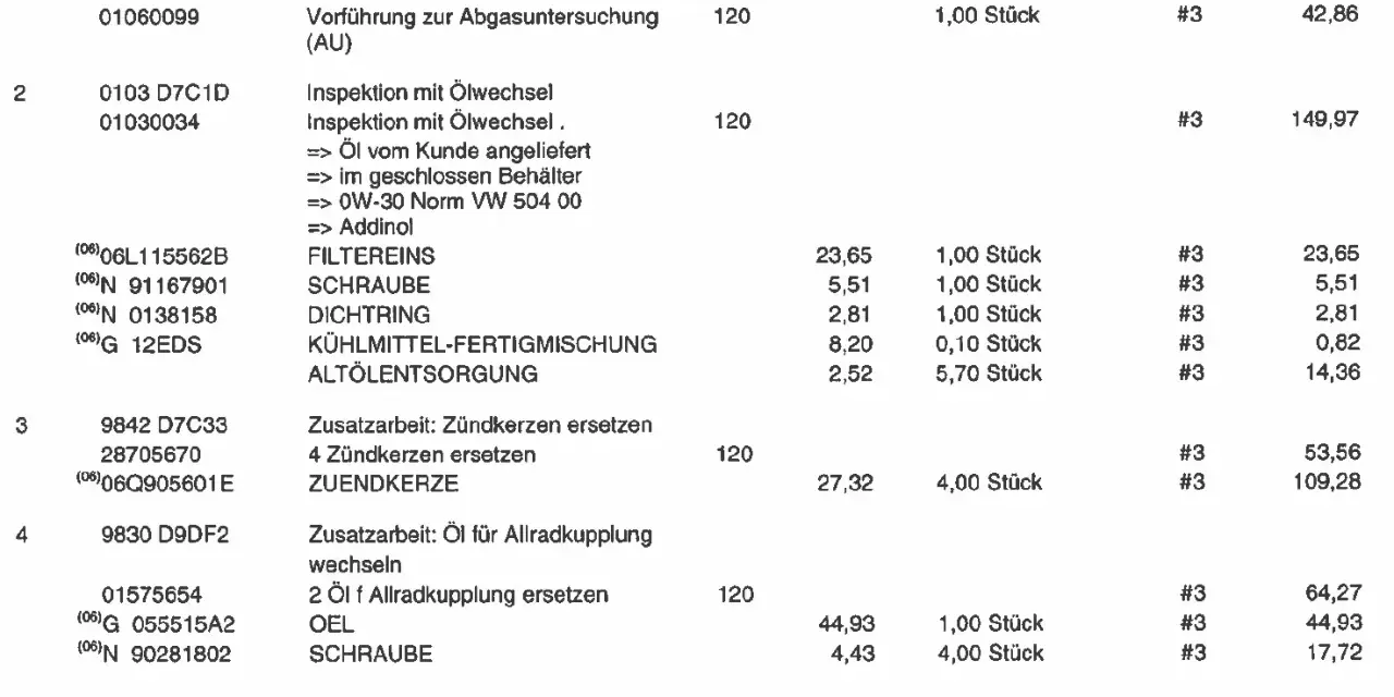 Rechnung für VW: Hauptuntersuchung, Ölwechsel, Zündkerzen und mehr. Die Kosten der Inspektion für Ihren VW sind detailliert aufgeführt.