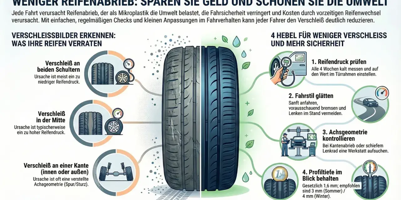 Grafik zeigt Reifenverschleiß: zu niedriger Druck an den Schultern, zu hoher in der Mitte, Achsgeometrie prüfen. So misst man die felgenbreite und spart Geld.