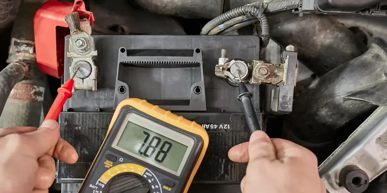 Messung des Batterie ladezustand mit einem Multimeter. Die Anzeige zeigt 7.88 Volt.