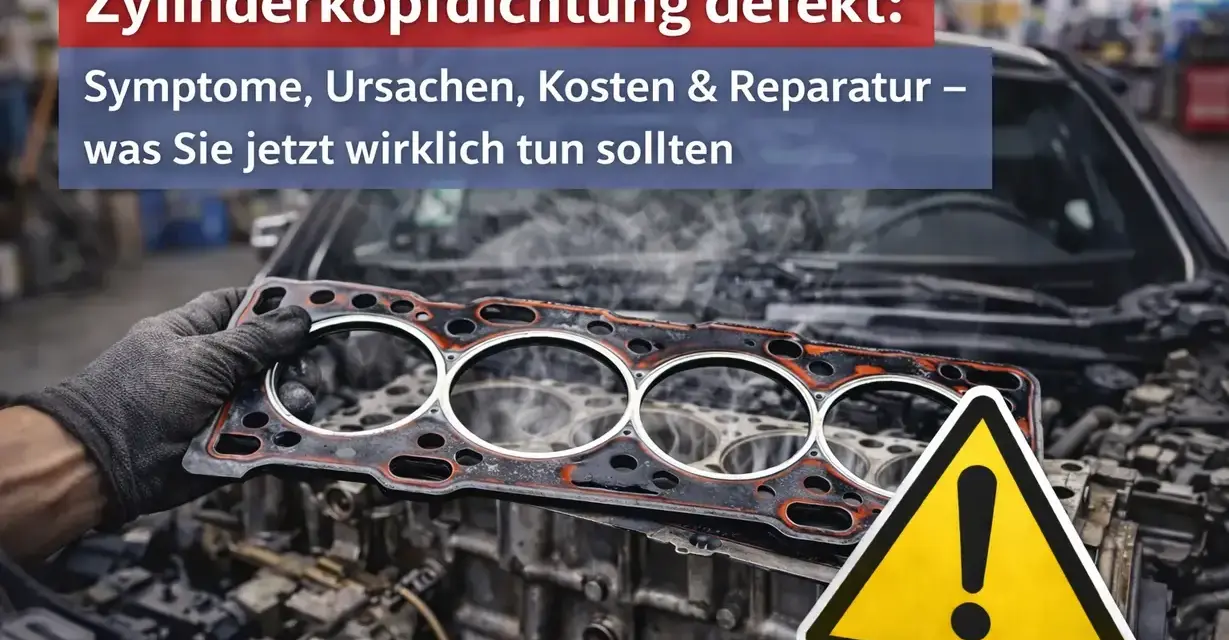 Ein Mechaniker hält eine defekte Zylinderkopfdichtung in der Hand, bereit für den Wechsel. Dampf steigt aus dem Motorraum auf. Warnzeichen signalisiert Handlungsbedarf.