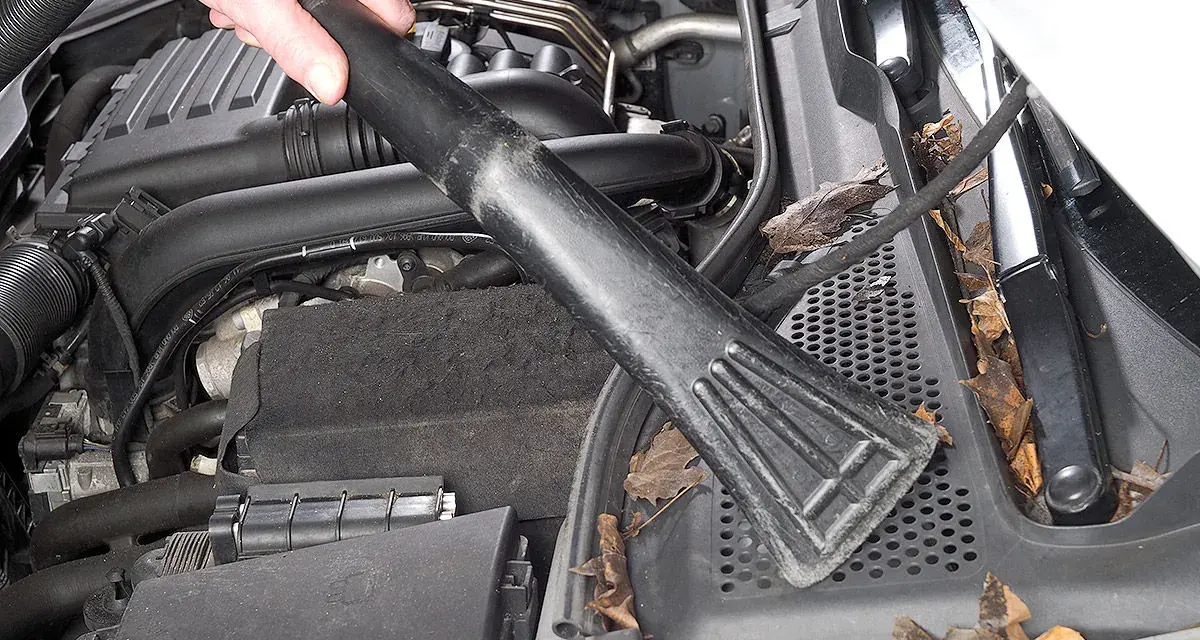 Hand saugt Laub und Schmutz aus dem Motorraum, um Feuchtigkeit im Auto vorzubeugen.