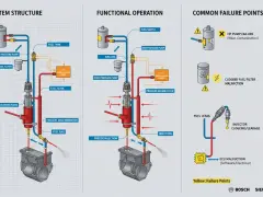 Diagramm erklärt das Common Rail System, seine Funktion und häufige Fehlerquellen wie Pumpenversagen oder verstopfte Filter.