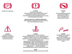 Warnleuchten im Auto: Handbremse, Bremsflüssigkeit, ACC, Kühlmittel, SCR-System. ESC Auto-Funktion wird hier nicht direkt gezeigt, aber die Warnleuchten deuten auf mögliche Probleme hin.