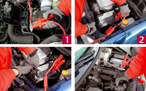 Autobatterie laden: rote Klemmen an Pluspol, schwarze an Minuspol. Starten Sie den Motor, um die Batterie zu laden.