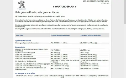 Peugeot Wartungsplan mit Intervallen für normale und erschwerte Bedingungen. Enthält systematische und zusätzliche Arbeiten.