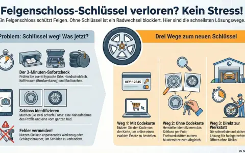 Felgenschloss sinnvoll: Infografik zeigt, wie man bei Schlüsselverlust vorgeht. Drei Wege zum neuen Schlüssel: mit Codekarte, per Foto oder direkt zur Werkstatt.