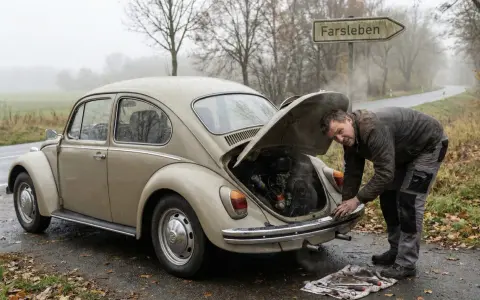 Mann repariert seinen Käfer, der beim Gas geben ruckelt. Werkzeug liegt bereit.