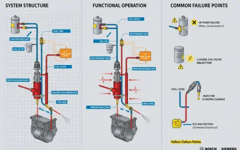 Diagramm erklärt das Common Rail System, seine Funktion und häufige Fehlerquellen wie Pumpenversagen oder verstopfte Filter.
