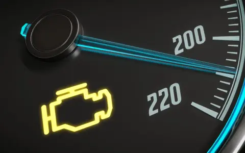 Gelbe motorkontrollleuchte leuchtet auf dem Armaturenbrett. Der Tachometer zeigt 200 und 220.