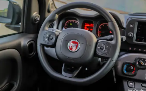 Lenkrad eines Fiat Panda. Die Instrumententafel zeigt rote Warnleuchten, vielleicht für den **Fiat Panda Reifendruck**.