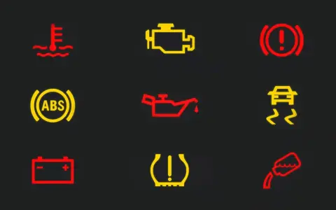 Warnsymbole im Auto: Rote und orangefarbene kontrollleuchten auto orange zeigen Probleme an, z.B. Motor, ABS, Reifen.