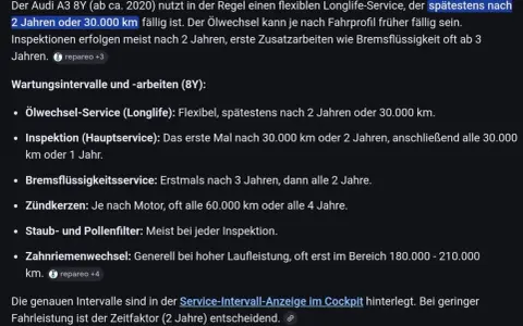 Audi A3 8Y: Wartungsintervalle & Inspektion. Ölwechsel spätestens nach 2 Jahren/30.000 km. Inspektion nach 30.000 km/2 Jahren. Zeitfaktor (2 Jahre) entscheidend.