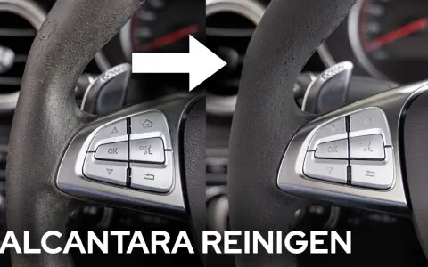 Vorher-Nachher-Vergleich: Ein schmutziges Alcantara Lenkrad wird wieder sauber.