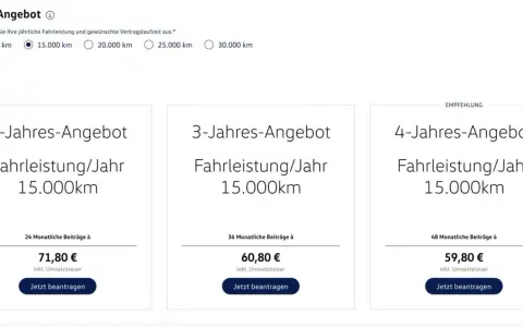 Angebote für VW Wartungsvertrag: 2, 3 oder 4 Jahre Laufzeit mit 15.000 km/Jahr. Günstigster Preis für 4 Jahre.