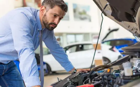 Mann prüft Motor, weil das Auto nicht mehr richtig beschleunigt.