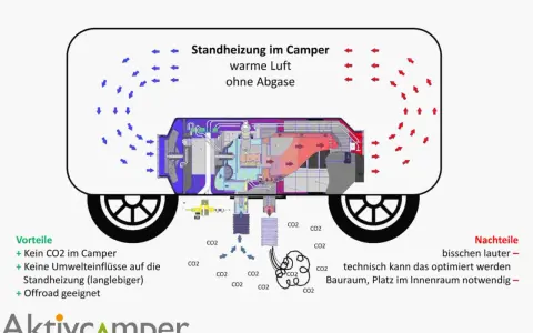 Schema einer Standheizung im Camper: warme Luft ohne Abgase. Vorteile: kein CO2, langlebig, offroad. Nachteile: lauter, Platzbedarf. Die Standheizung Einbau Kosten sind hier nicht aufgeführt.