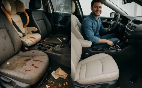 Vorher/Nachher: Ein schmutziger Autoinnenraum mit Kindersitz und Zigarette wird zu einem makellosen, sauberen Fahrzeug. Informieren Sie sich über die Kosten für Autositze reinigen.