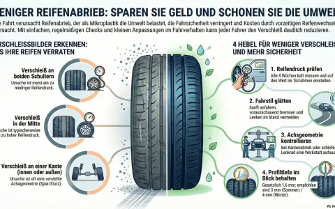 Grafik zeigt Reifenverschleiß: zu niedriger Druck an den Schultern, zu hoher in der Mitte, Achsgeometrie prüfen. So misst man die felgenbreite und spart Geld.